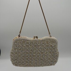 Vintage Elegant Beaded GANSON Sequin Clutch - Silver and Cream